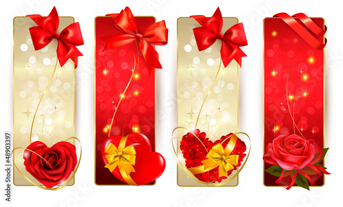 Vector: Set of beautiful cards with red gift bows with ribbons Vector Set of beautiful cards with red gift bows with ribbons Vector