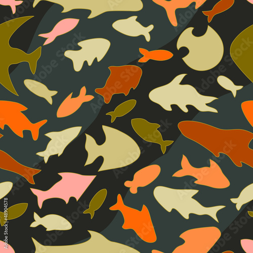 Fototapeta Colorful ocean fish on dark grey seamless pattern, vector
