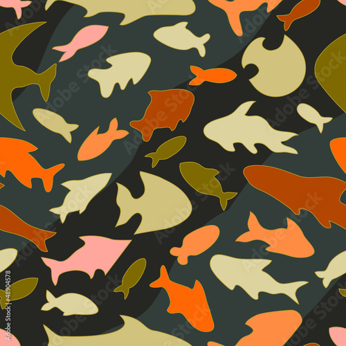 Colorful ocean fish on dark grey seamless pattern, vector