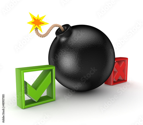 Illustration: Black bomb between tick and cross mark. Black bomb between tick and cross mark.