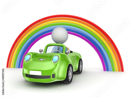 Illustration: Small person in a car and rainbow. Small person in a car and rainbow.