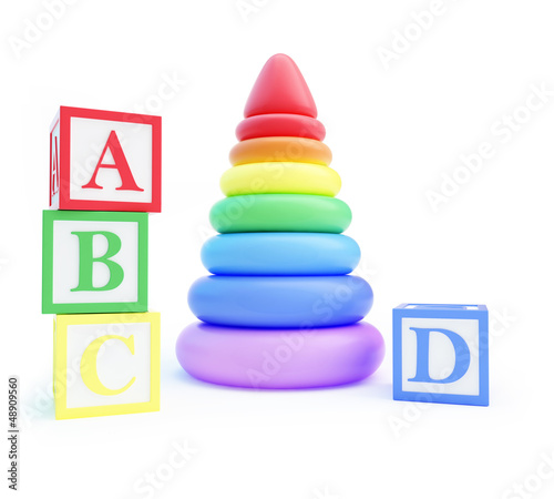 Illustration: pyramid toy and alphabet blocks pyramid toy and alphabet blocks