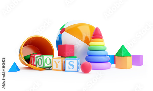 Illustration: toys alphabet cube, beach ball, pyramid toys alphabet cube, beach ball, pyramid