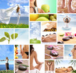 A collage of sports, diet, fitness and spa images with women