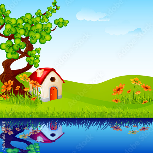Vector: vector illustration of home under tree in nature landscape vector illustration of home under tree in nature landscape