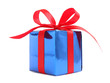 Blue glossy gift wrapped present with red satin bow
