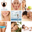A collage of spa images with young women, fruits and sky