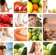 A collage of dieting images with women, fruits and vegetables