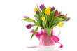 Watering can with bouquet tulips for birthday