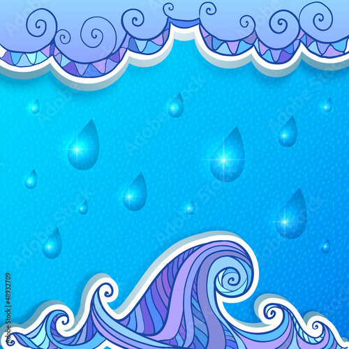 Vector: Decorative abstract ocean, clouds and rain vector background Decorative abstract ocean, clouds and rain vector background