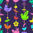 Colorful birds and flowers bead threads seamless pattern, vector