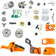 Collection of components chainsaw  on a white background