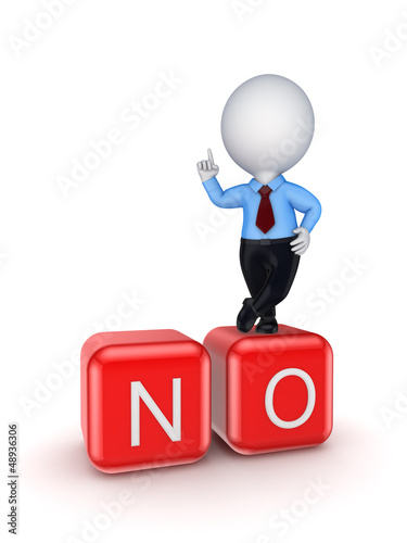 Illustration: Small person standing on word NO. Small person standing on word NO.