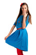 Cute young woman in blue dress on white background