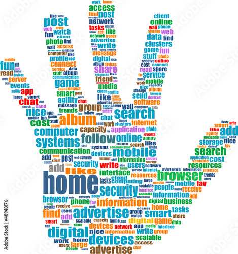 Illustration: Like hand symbol with tag cloud of social word Like hand symbol with tag cloud of social word