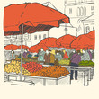 Outdoor farmers market with buyers, stalls and umbrellas