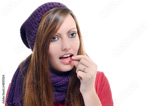 Photo: beautiful female taking tablet against a white background beautiful female taking tablet against a white background