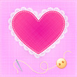 Red heart with lace, needle and button on fabric background