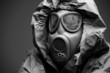 Photo: Man in protective mask on gray background Man in protective mask on gray background