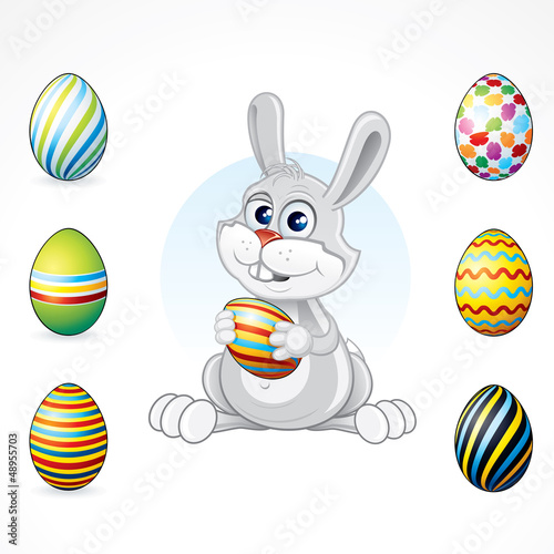 Vector: Funny Bunny with Painted Eggs Funny Bunny with Painted Eggs