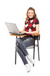 Photo: A smiling student female working on a laptop seated on a chair A smiling student female working on a laptop seated on a chair