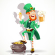 Cute Leprechaun drinking beer and protects pot of gold coins