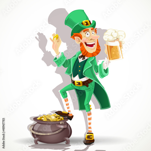 Vector: Cute Leprechaun drinking beer and protects pot of gold coins Cute Leprechaun drinking beer and protects pot of gold coins