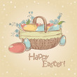Vintage Easter card with basket full of colorful painted eggs