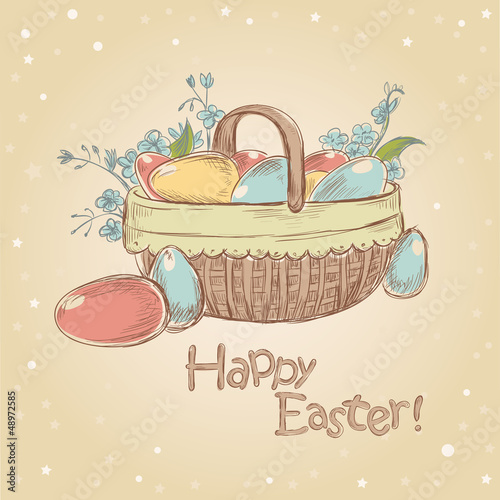 Vector: Vintage Easter card with basket full of colorful painted eggs Vintage Easter card with basket full of colorful painted eggs