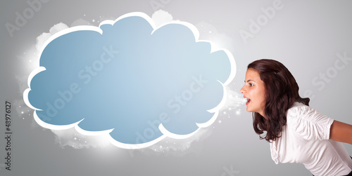Photo: beautiful woman gesturing with abstract cloud copy space beautiful woman gesturing with abstract cloud copy space