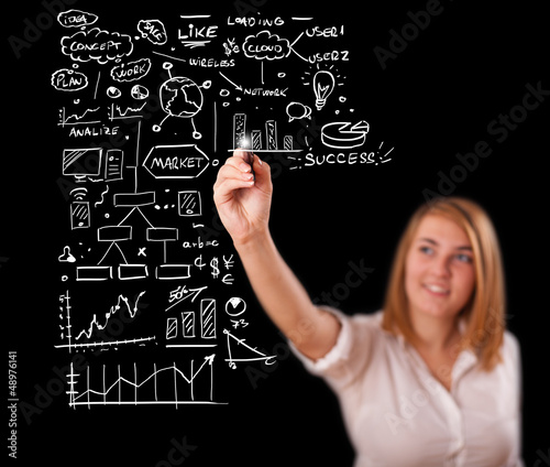Photo: Woman drawing business scheme and icons on whiteboard Woman drawing business scheme and icons on whiteboard