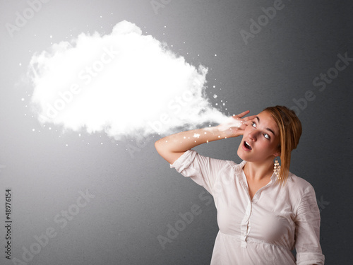 Photo: Young woman with abstract modern speech bubble Young woman with abstract modern speech bubble