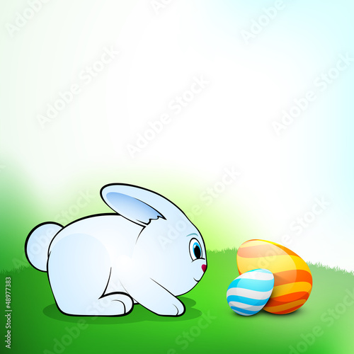 Vector: Little Easter Rabbit with beautiful painted Easter Eggs on natur Little Easter Rabbit with beautiful painted Easter Eggs on natur