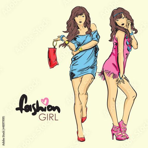 Vector: Fashion girls in sketch-style. Vector illustration. Place for yo Fashion girls in sketch-style. Vector illustration. Place for yo
