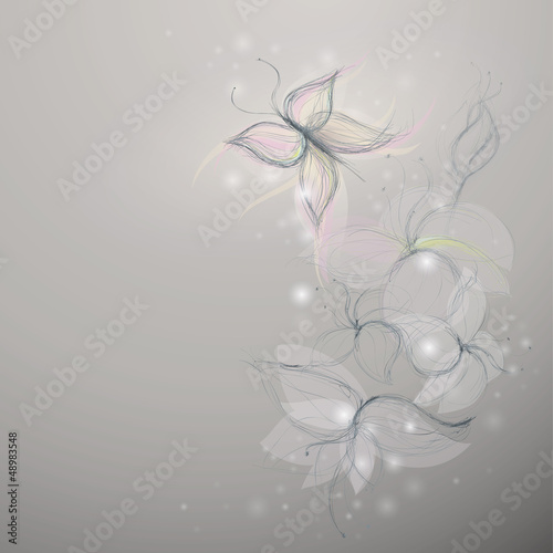 Vector: Surreal sketch of butterfly and flowers / Beautiful floral card Surreal sketch of butterfly and flowers / Beautiful floral card