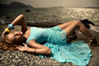Portrait Of Fashion Woman In Blue Dress Outdoor