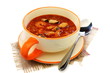 Cup of soup with seafood and tomato.