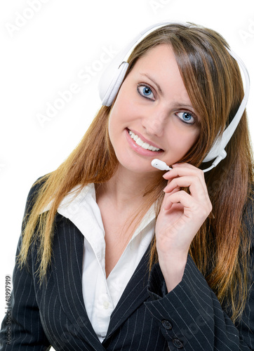 Photo: smiling attractive call center agent smiling attractive call center agent
