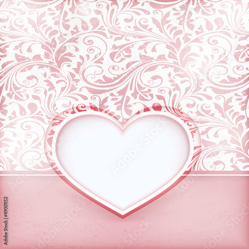 Vector: Grungy floral invitation card with love heart label Grungy floral invitation card with love heart label