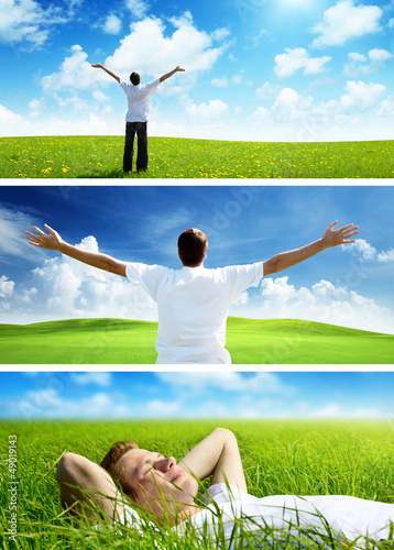 Photo: happy man on spring field, set of banners happy man on spring field, set of banners