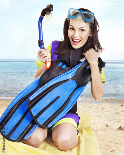 Photo: Girl wearing diving gear. Girl wearing diving gear.