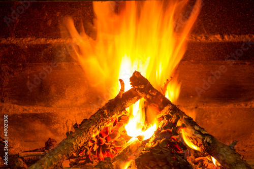 Photo: burning firewood in chimney with pine cones burning firewood in chimney with pine cones