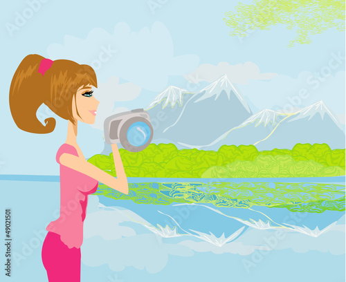 Illustration: Nature Photographer taking pictures outdoors during hiking trip Nature Photographer taking pictures outdoors during hiking trip