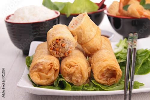 Photo: chinese food, spring roll and rice chinese food, spring roll and rice