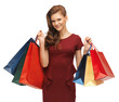 teenage girl in red dress with shopping bags