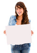 Happy woman holding a banner