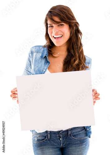 Photo: Happy woman holding a banner Happy woman holding a banner