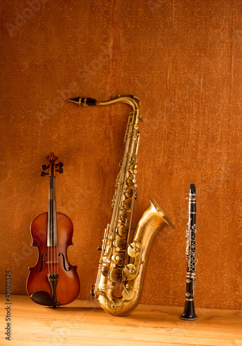 Photo: Classic music Sax tenor saxophone violin and clarinet vintage Classic music Sax tenor saxophone violin and clarinet vintage