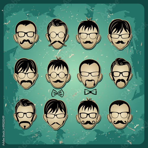 Vector: Faces with Mustaches, sunglasses and a bow tie avatars Faces with Mustaches, sunglasses and a bow tie avatars