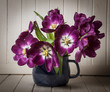 purple tulips in a blue vase - vintage style